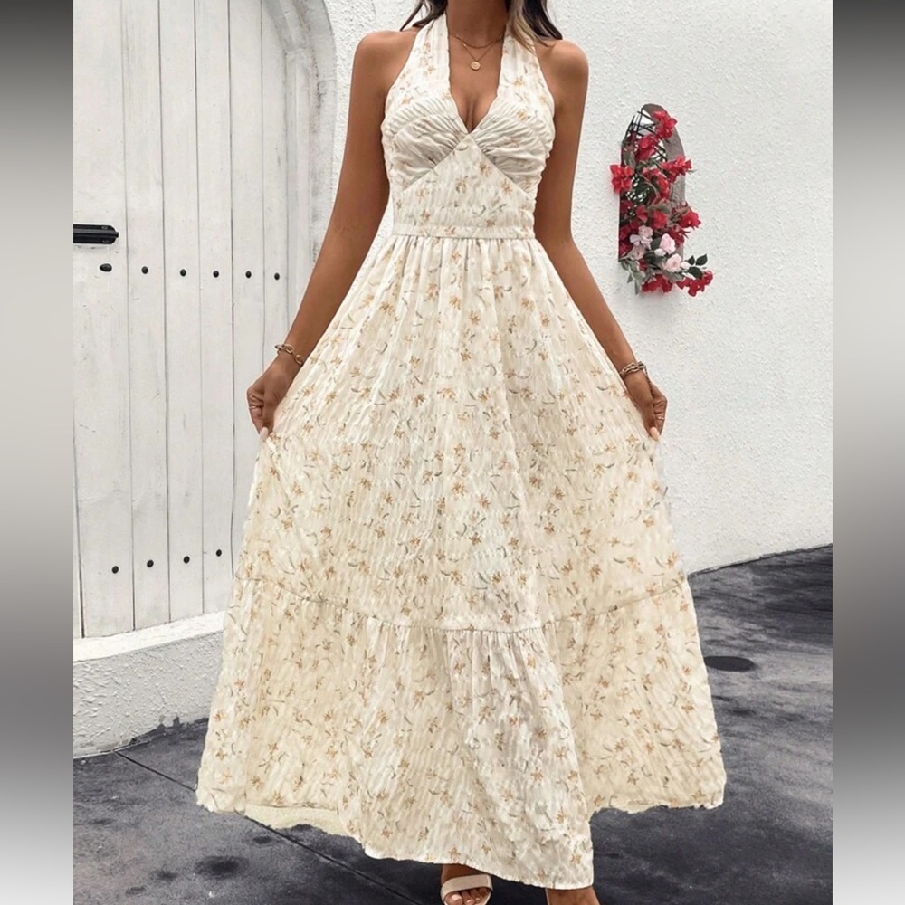 Elegant Cream Floral Maxi Dress
